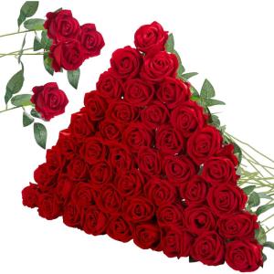 imageInnoGear 50 Pcs Red Roses Artificial Flowers Fake Velvet Silk Rose Bulk Faux Flower for Decoration DIY Wedding Centerpieces Proposal Bridal Bouquets Shower Party Home Floral Decor 50 RedRed