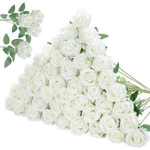 imageInnoGear 50 Pcs Red Roses Artificial Flowers Fake Velvet Silk Rose Bulk Faux Flower for Decoration DIY Wedding Centerpieces Proposal Bridal Bouquets Shower Party Home Floral Decor 50 RedWhite