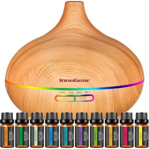 imageInnoGear Aromatherapy Diffuser ampamp 10 Essential Oils Set 400ml Diffuser Ultrasonic Diffuser Cool Mist Humidifier with 4 Timers 7 Colors Light Waterless Auto Off for Large Room Office Dark Wood GrainYellow Wood Grain