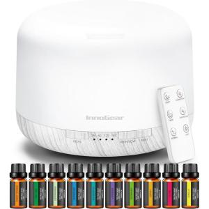 imageInnoGear Aromatherapy Diffuser ampamp 10 Essential Oils Set 500ml Essential Oil Diffuser with Remote Control Ultrasonic Cool Mist Scent Humidifier Vaporizer AutoOff Timer for Room Office Home YellowWhite