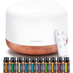 imageInnoGear Aromatherapy Diffuser ampamp 10 Essential Oils Set 500ml Essential Oil Diffuser with Remote Control Ultrasonic Cool Mist Scent Humidifier Vaporizer AutoOff Timer for Room Office Home YellowYellow