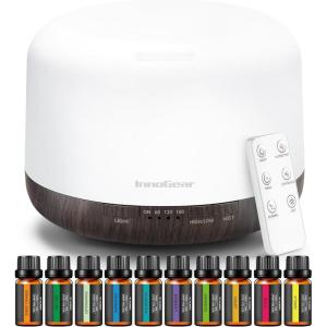 imageInnoGear Aromatherapy Diffuser ampamp 10 Essential Oils Set 500ml Essential Oil Diffuser with Remote Control Ultrasonic Cool Mist Scent Humidifier Vaporizer AutoOff Timer for Room Office Home YellowBrown