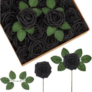 imageInnoGear Artificial Flowers 50 Pcs Dark Red Foam Fake Roses Bulk with Stems for Decoration Celebration DIY Wedding Bouquets Centerpieces Bridal Shower Party Christmas TreeBlack