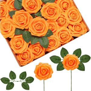 imageInnoGear Artificial Flowers 50 Pcs Dark Red Foam Fake Roses Bulk with Stems for Decoration Celebration DIY Wedding Bouquets Centerpieces Bridal Shower Party Christmas TreeOrange