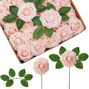 imageInnoGear Artificial Flowers 50 Pcs Dark Red Foam Fake Roses Bulk with Stems for Decoration Celebration DIY Wedding Bouquets Centerpieces Bridal Shower Party Christmas TreeBlush