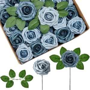 imageInnoGear Artificial Flowers 50 Pcs Dark Red Foam Fake Roses Bulk with Stems for Decoration Celebration DIY Wedding Bouquets Centerpieces Bridal Shower Party Christmas TreeDusty Blue Shades