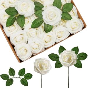 imageInnoGear Artificial Flowers 50 Pcs Dark Red Foam Fake Roses Bulk with Stems for Decoration Celebration DIY Wedding Bouquets Centerpieces Bridal Shower Party Christmas TreeIvory
