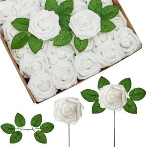 imageInnoGear Artificial Flowers 50 Pcs Dark Red Foam Fake Roses Bulk with Stems for Decoration Celebration DIY Wedding Bouquets Centerpieces Bridal Shower Party Christmas TreeWhite