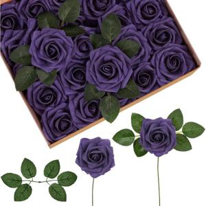 imageInnoGear Artificial Flowers 50 Pcs Dark Red Foam Fake Roses Bulk with Stems for Decoration Celebration DIY Wedding Bouquets Centerpieces Bridal Shower Party Christmas TreeDusty Purple