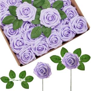 imageInnoGear Artificial Flowers 50 Pcs Dark Red Foam Fake Roses Bulk with Stems for Decoration Celebration DIY Wedding Bouquets Centerpieces Bridal Shower Party Christmas TreeLilac