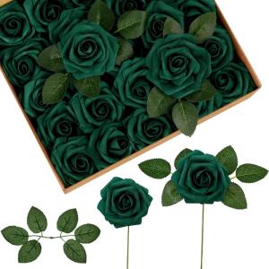 imageInnoGear Artificial Flowers 50 Pcs Dark Red Foam Fake Roses Bulk with Stems for Decoration Celebration DIY Wedding Bouquets Centerpieces Bridal Shower Party Christmas TreeHunt Green
