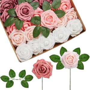 imageInnoGear Artificial Flowers 50 Pcs Dark Red Foam Fake Roses Bulk with Stems for Decoration Celebration DIY Wedding Bouquets Centerpieces Bridal Shower Party Christmas TreeShades of Dusty