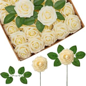 imageInnoGear Artificial Flowers 50 Pcs Dark Red Foam Fake Roses Bulk with Stems for Decoration Celebration DIY Wedding Bouquets Centerpieces Bridal Shower Party Christmas TreeCream
