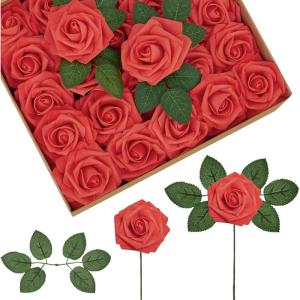 imageInnoGear Artificial Flowers 50 Pcs Dark Red Foam Fake Roses Bulk with Stems for Decoration Celebration DIY Wedding Bouquets Centerpieces Bridal Shower Party Christmas TreeRed
