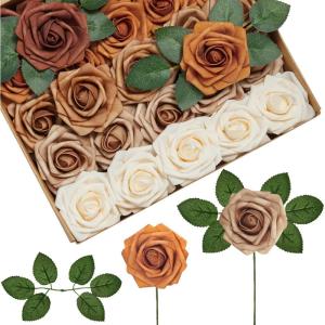 imageInnoGear Artificial Flowers 50 Pcs Dark Red Foam Fake Roses Bulk with Stems for Decoration Celebration DIY Wedding Bouquets Centerpieces Bridal Shower Party Christmas TreeShades of Earth Tones