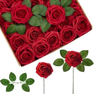 imageInnoGear Artificial Flowers 50 Pcs Dark Red Foam Fake Roses Bulk with Stems for Decoration Celebration DIY Wedding Bouquets Centerpieces Bridal Shower Party Christmas TreeDark Red