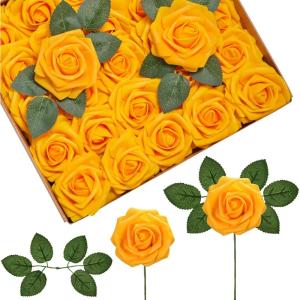 imageInnoGear Artificial Flowers 50 Pcs Dark Red Foam Fake Roses Bulk with Stems for Decoration Celebration DIY Wedding Bouquets Centerpieces Bridal Shower Party Christmas TreeYellow