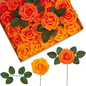 imageInnoGear Artificial Flowers 50 Pcs Dark Red Foam Fake Roses Bulk with Stems for Decoration Celebration DIY Wedding Bouquets Centerpieces Bridal Shower Party Christmas TreeShades of Orange