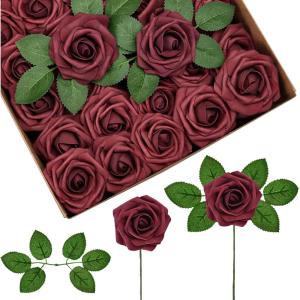 imageInnoGear Artificial Flowers 50 Pcs Dark Red Foam Fake Roses Bulk with Stems for Decoration Celebration DIY Wedding Bouquets Centerpieces Bridal Shower Party Christmas TreeBurgundy