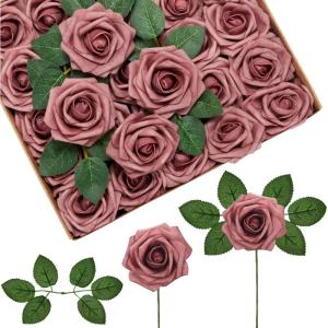 imageInnoGear Artificial Flowers 50 Pcs Dark Red Foam Fake Roses Bulk with Stems for Decoration Celebration DIY Wedding Bouquets Centerpieces Bridal Shower Party Christmas TreeDusty Pink
