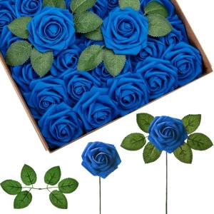 imageInnoGear Artificial Flowers 50 Pcs Dark Red Foam Fake Roses Bulk with Stems for Decoration Celebration DIY Wedding Bouquets Centerpieces Bridal Shower Party Christmas TreeRoyal Blue