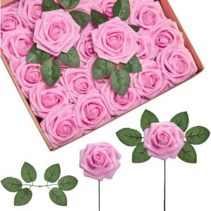 imageInnoGear Artificial Flowers 50 Pcs Dark Red Foam Fake Roses Bulk with Stems for Decoration Celebration DIY Wedding Bouquets Centerpieces Bridal Shower Party Christmas TreePink