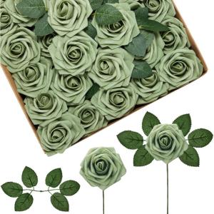 imageInnoGear Artificial Flowers 50 Pcs Dark Red Foam Fake Roses Bulk with Stems for Decoration Celebration DIY Wedding Bouquets Centerpieces Bridal Shower Party Christmas TreeElf Green