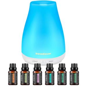 imageInnoGear Essential Oil Diffuser with Oils 100ml Aromatherapy Diffuser with 6 Essential Oils Set Aroma Cool Mist Humidifier Gift Set Dark Wood GrainWhite
