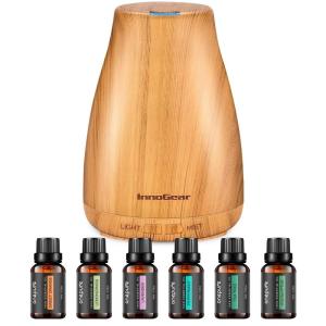 imageInnoGear Essential Oil Diffuser with Oils 100ml Aromatherapy Diffuser with 6 Essential Oils Set Aroma Cool Mist Humidifier Gift Set Dark Wood GrainYellow Wood Grain