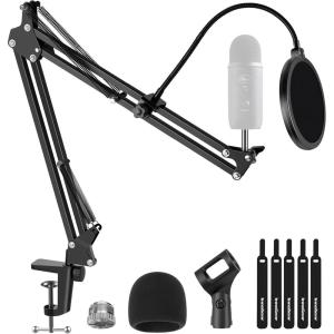 imageInnoGear Mic Stand for Blue Yeti Heavy Duty Microphone Stand with Microphone Windscreen and Dual Layered Mic Pop Filter Suspension Boom Scissor Arm Stands for Blue Spark and Other Mics MediumMedium