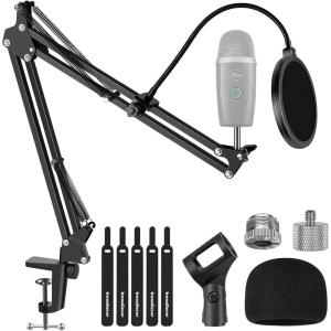 imageInnoGear Microphone Stand Adjustable Mic Stand Set for Blue Yeti Nano Suspension Boom Scissor Arm Stand with 58quot to 38quot Screw 58quot to 14 Screw Nano Mic Windscreen and Dual Layered Mic Pop Filter