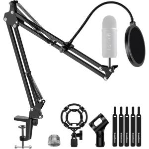 imageInnoGear Microphone Stand Mic Boom Arm for Blue Yeti HyperX QuadCast S SoloCast Snowball Fifine K669B and other Mic with Shock Mount Windscreen Pop Filter Mic Clip Holder Cable Ties MediumLarge